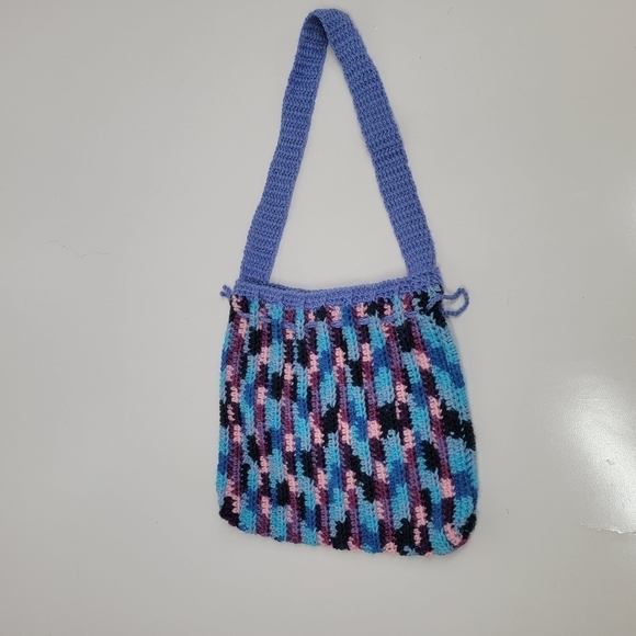 Knit Crochet Shoulder Bag Boho Artisan Hand Made Purse Satchel Purple Drawstring - Picture 6 of 14